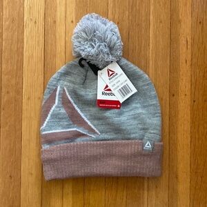 NWT Reebok Pink & Gray Pom Pom Knit Beanie Winter Hat Cozy Comfy Outdoor